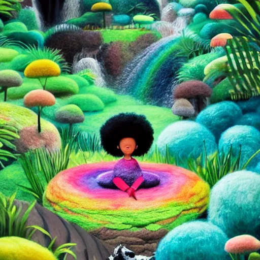 Prompt: a black girl with a colorful afro and big beautiful eyes meditating in an african zen garden with a waterfall!!, bokeh!, bright colors, synthwave, watercolor, volumetric wool felting, felt, macro photography, children illustration, by goro fujita