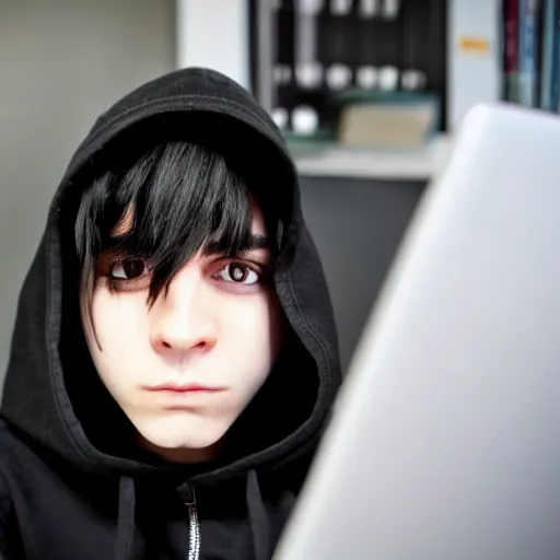 Prompt: an edgy hacker with a black hoodie and black hair covering one eye sitting in front of a computer | text at the bottom saying i'm in