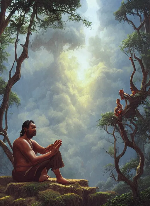 Image similar to an indigenous man sitting and praying in the jungle, while old faces of his ancestors watch over him in the clouds, art by christophe vacher