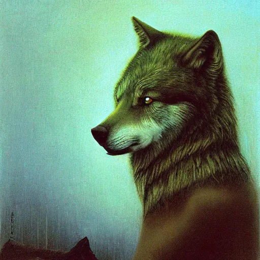 Image similar to portrait painting of wolf girl by Beksinski