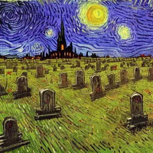 Prompt: oil painting graveyard tombstones, bats, halloween scene, scary, zombie apocalypse, high detail, dark scene, abstract, by van gogh