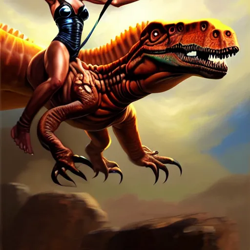 Image similar to portrait of an amazon girl riding a dinosaur, painted by stanley artgerm, boris vallejo, fantasy art, sleek curves, sharp focus, trending on artstation hq, deviantart