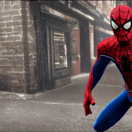 Prompt: long shot photo of spiderman in silent hill streets, highly detailed, 8 k