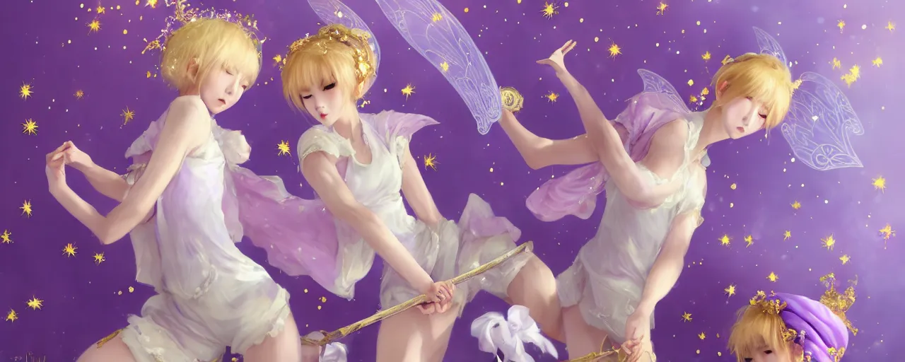 Image similar to Full View of a mysterious kpop fairy maidens with short blond hair wearing an oversized purple Beret, Baggy Purple overall shorts, Short Puffy pants made of silk, silk shoes, a big billowy scarf, Golden Ribbons, white leggings Covered in stars. Short Hair. peasant magic. masterpiece 4k digital illustration by Ruan Jia and Mandy Jurgens and Artgerm and william-adolphe bouguereau, award winning, Artstation, art nouveau aesthetic, Alphonse Mucha background, intricate details, realistic, panoramic view, Hyperdetailed, 8k resolution, intricate art nouveau, smooth, sharp focus