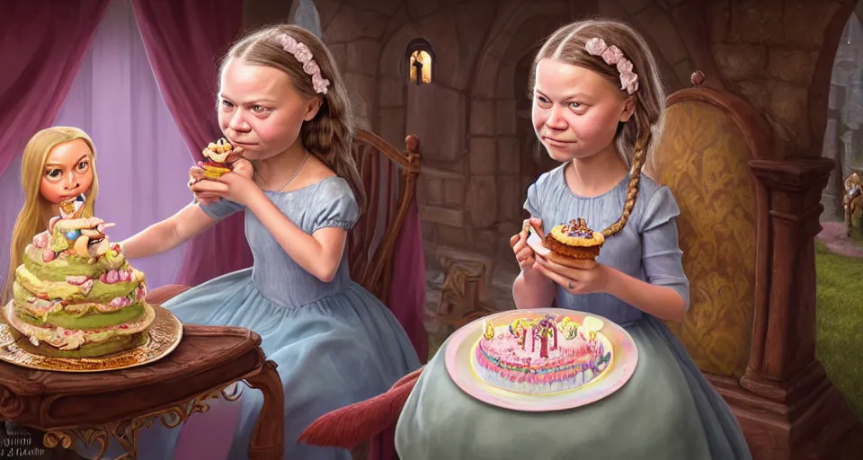 Prompt: closeup profile portrait of greta thunberg as a fairytale princess eating cakes with a a medieval goblin in the castle kitchen, nicoletta ceccoli, mark ryden, lostfish, max fleischer, hyper realistic, artstation, illustration, digital paint, matte paint, vivid colors, bright, cheerful, detailed and intricate environment