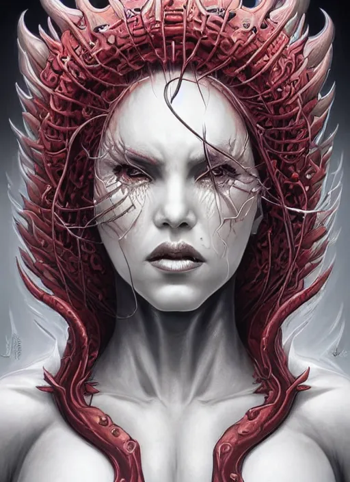 Image similar to a hyper detailed face portrait of the queen of blades, diablo 4 lilith, by yusuke murata, by hiroya oku, by dorian cleavenger, by tom bagshaw, by zdzisław beksinski, trending on artstation