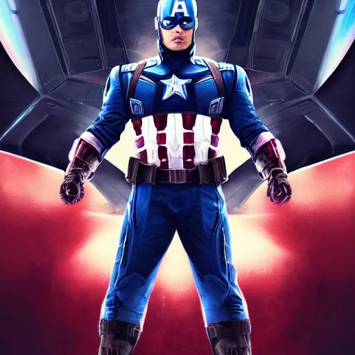 Image similar to of elon musk as captain america, iridescent, beautiful, technological, galactic, hyper-detailed, mega-detailed, realistic, cinematic, octane render, concept art, dark, cosmic, ominous, dramatic, lovecraftian, symmetric, swords, colorful and dark