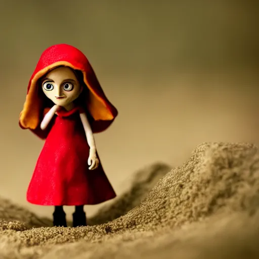 Image similar to a cinematic film still of a claymation stop motion film starring emma watson as little red riding hood, looking at wild wolf, shallow depth of field, 8 0 mm, f 1. 8