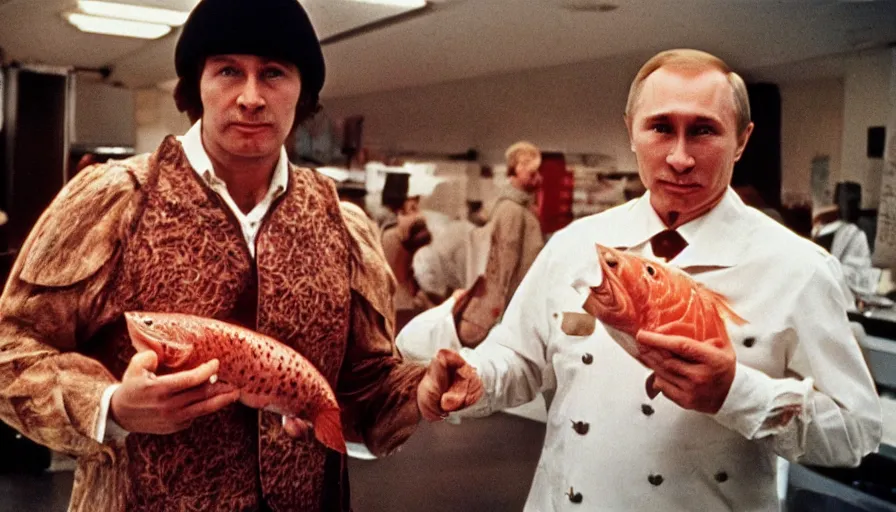 Image similar to 7 0 s movie still of putin in butcher outfit, proudly holding a salmon. cinestill 8 0 0 t _ 3 5 mm eastmancolor, heavy grain, high quality, high detail