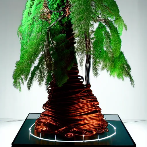 Prompt: Elaborate realistic model of a sequoia made of wire sitting on a professionally illuminated display table