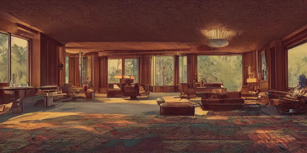 Image similar to main protagonist inside living room of insanely wealth man's frank lloyd wright style mansion in maine being hunted by shadows, game concept art, steven king, 1980s, retro, highly detailed, artstation, wide angle lens