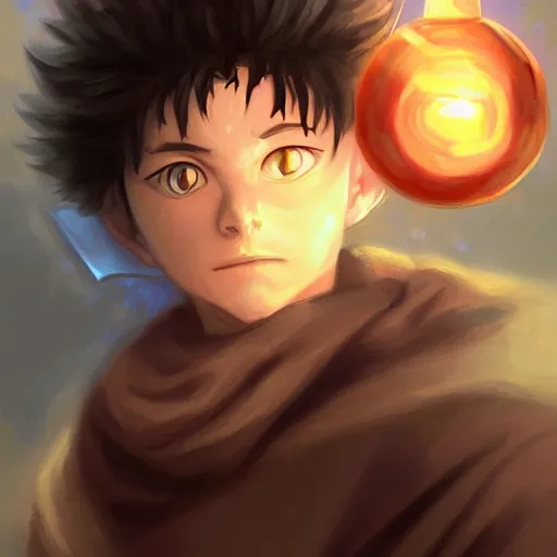 Image similar to portrait portrait portrait of Killua Zoldyck Mage doctor wearing a fireball in his right hand whilst wearing a waterball in his left hand whilst wearing a Shield of Omnipotence greg rutkowski peter mohrbacher anato finnstark marc simonetti Grisaille Realism