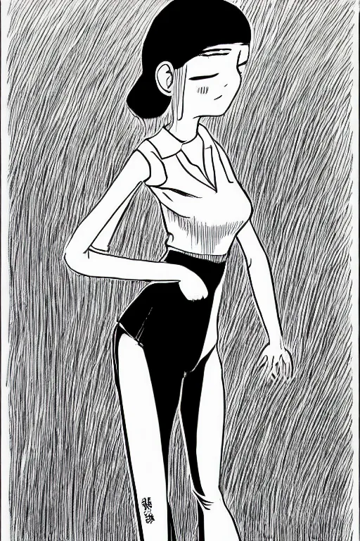 Image similar to portrait of a girl in long pants and a top, hands in pockets, eyes closed, bob haircut, digital art, black and white, clean sketch by junji ito and kaoru mori