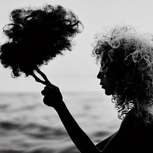 Image similar to curly hair silhouette, award winning black and white photography