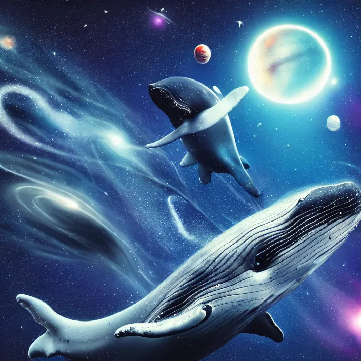 Prompt: space galaxies with stars in the background, a whale is floating in space, highly detailed, hyper - realistic, photo rendered, spiritual, fluid, symbolism