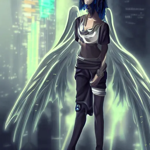 Image similar to digital cyberpunk - anime character - concept art gorgeous small female android cyborg - angel large angelic wings left eye gold right eye silver