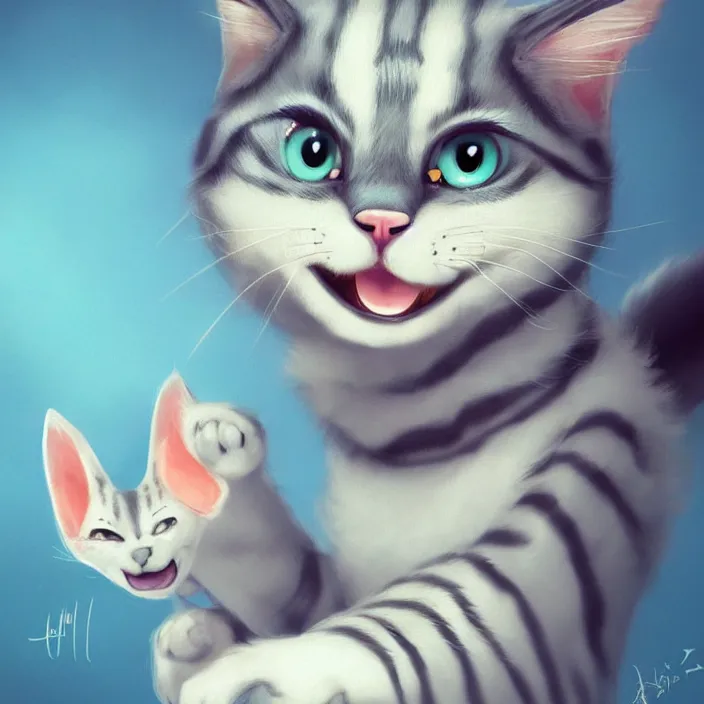 Image similar to cute cat of cheshire from alice in wonderland. an adorable cat with light blue stripes and a big human like playful smile. award - winning digital art, trending on artstation