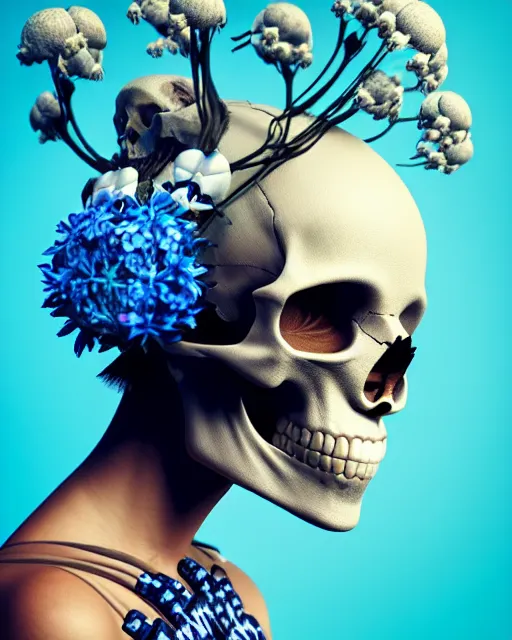 Image similar to hyperrealistic award winning photo of a tribal cyberpunk woman wearing ivory carved skull as helmet with blue and white flowers growing out of the skull by beeple