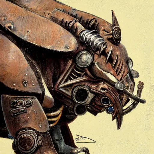 Image similar to portrait concept painting of a rampaging ashigaru mecha boar, warthog. fantasy painting, dungeons and dragons, magic the gathering art, of bamboo, laquer and steel, steampunk - inspired by brian froud and greg rutkowski and jessica rossier