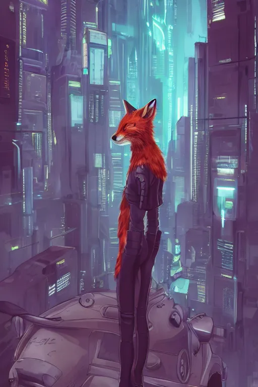 Prompt: a cyberpunk anthropomorphic fox with a fluffy tail staring over a futuristic city from the top of a roof, comic art, trending on furaffinity, cyberpunk, backlighting, cartoon, by kawacy