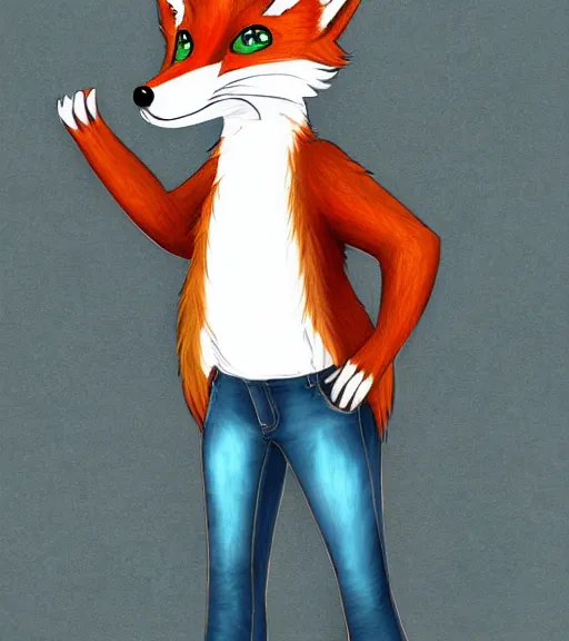 Image similar to expressive stylized master furry artist digital colored pencil painting full body portrait character study of the fox fursona animal person wearing clothes jacket and jeans by master furry artist blotch