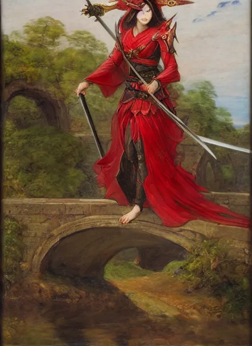 Image similar to woman in dark and red princess dragon armor, she is holding a katana sword, walking on an ancient bridge next toa waterway. by william henry hunt