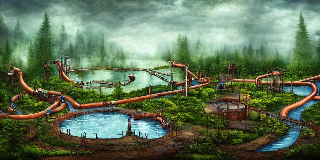 Prompt: pipe factory playground built on a forest lake, award winning art, epic dreamlike fantasy landscape, art print, science fiction, ultra realistic,