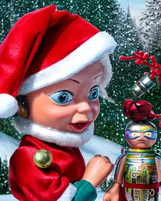 Image similar to highly detailed closeup, portrait of a tin toy santa greta thunberg wearing a bikini, depth of field, fashion photoshoot by nicoletta ceccoli, mark ryden, lostfish, dan decarlo, bob clampett, max fleischer, breathtaking, detailed and intricate snowenvironment, 8 k resolution, hyperrealistic, octane render