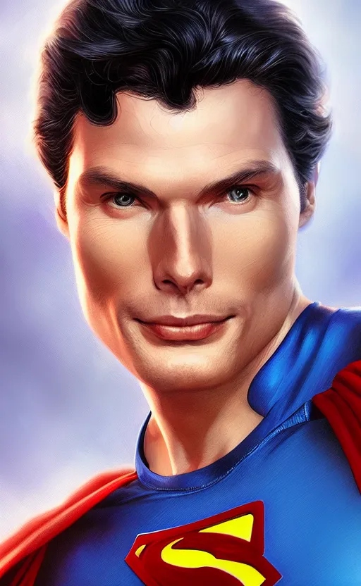 Prompt: Portrait of Christopher Reeve as superman , by Stanley Artgerm Lau, WLOP, Rossdraws, James Jean, Andrei Riabovitchev, Marc Simonetti, and Sakimichan, tranding on artstation