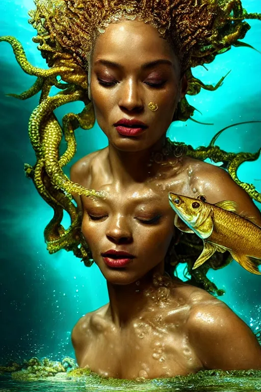 Image similar to hyperrealistic neo - rococo cinematic half underwater scene with fish and algae, very expressive! translucent elegant african goddess getting out of water, gold jewerly, highly detailed face, digital art masterpiece, aykut aydogdu zener, dramatic volumetric light, long shot, low angle uhd 8 k, sharp focus