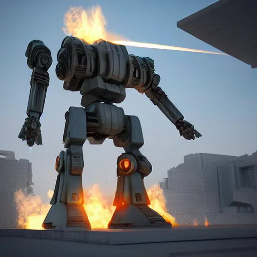 Image similar to six meter tall mech firing at tanks, futuristic city, mechanized art concept, 3 d render, marble statue