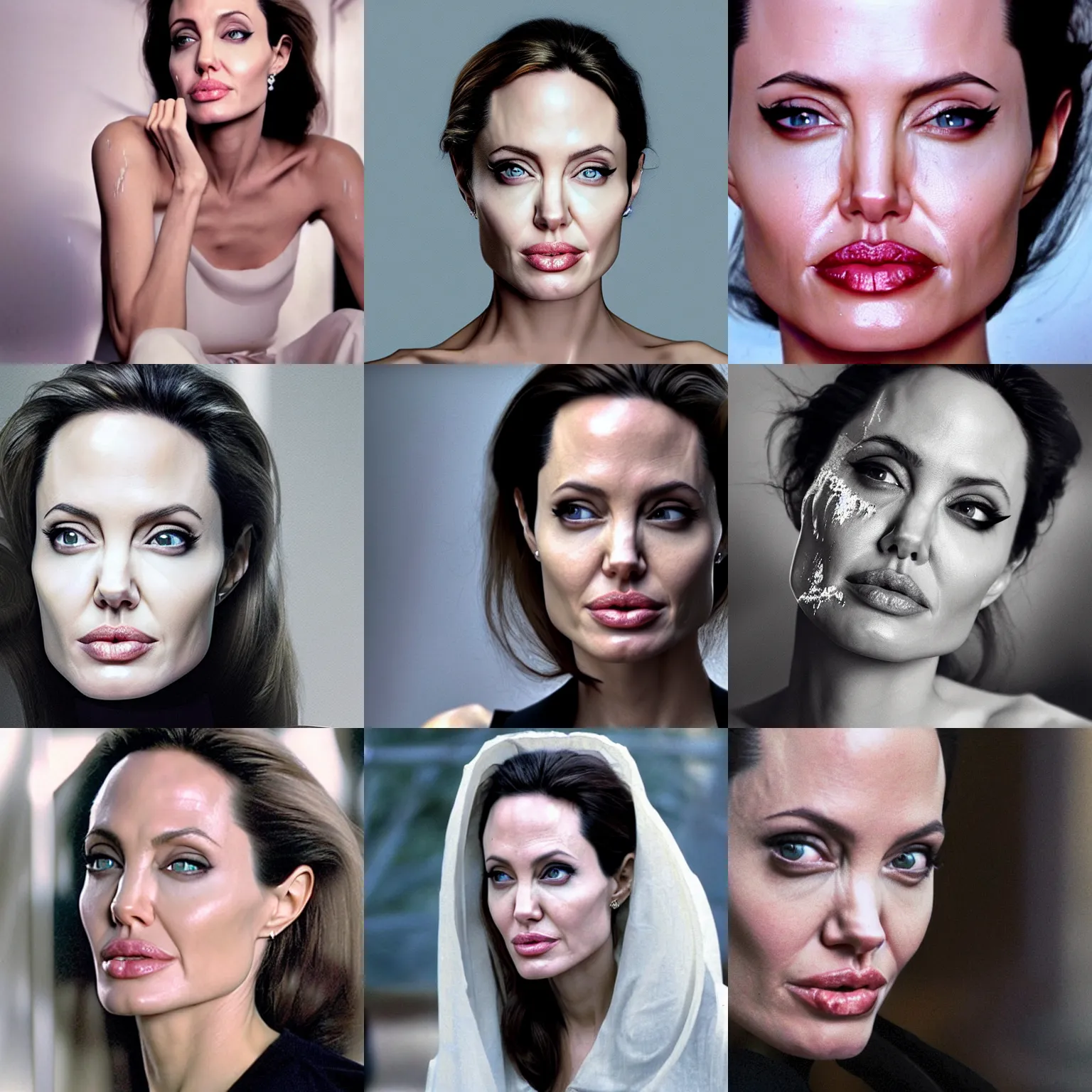 Prompt: a cinematic film still of angelina jolie, with a whitish, sticky liquid that has a jelly - like texture that is dripping off of her face. viscous, her face is coated in a whitish, sticky liquid that has a jelly - like texture. 2 0 2 2