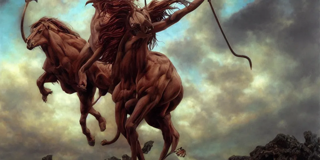 Prompt: centaur by gerald brom, hyper realistic,