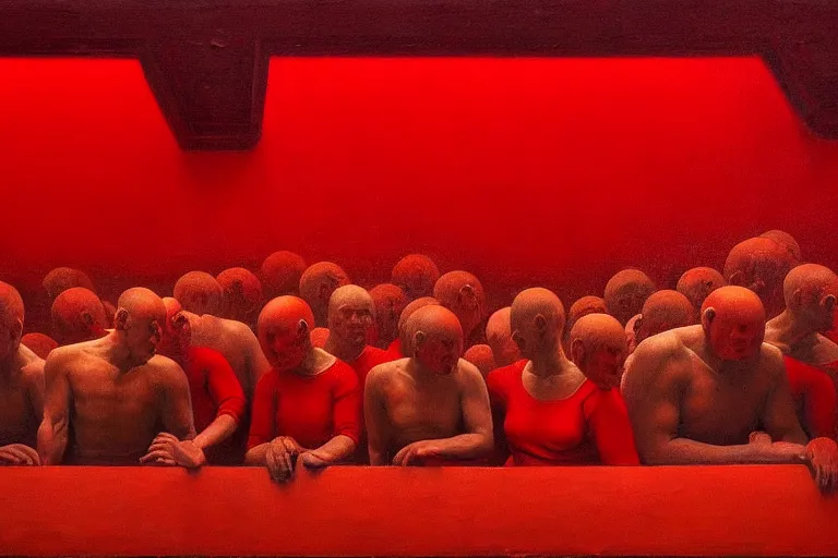 Image similar to only with red, crowd screaming, an exposed painting in a roman theater, in the style of beksinski, parts by edward hopper, parts by rodcenko, parts by yue minjun, intricate and epic composition, red by caravaggio, insanely quality, highly detailed, masterpiece, red light, artstation, 4 k