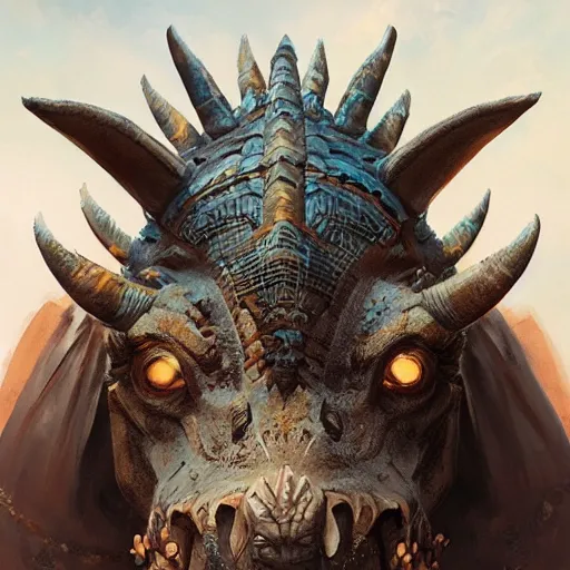 Image similar to triceratops with aztec headdress, greg rutkowski, digital illustration, concept art, dnd, face, fantasy, intricate, elegant, highly detailed, digital painting, artstation, full body, long shot, light from above