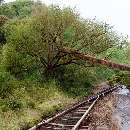 Prompt: a tree blocking the railway, severe weather, scotland