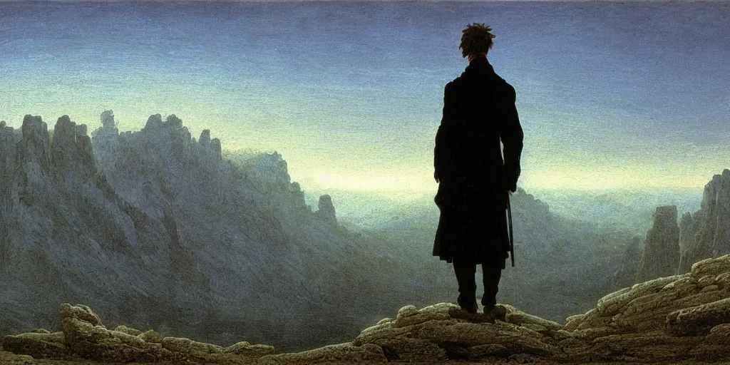 Prompt: small male figure in epic foggy mountainscape, expansive view, dozens of thin glowing straight lines extend from ground into the sky, by Caspar David friedrich