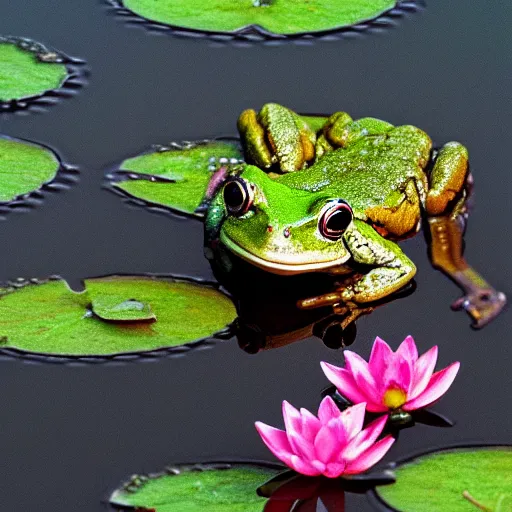 Image similar to close - up of a flirty frog in the pond with water lilies, shallow depth of field, highly detailed, autumn, rain, bad weather, ominous, digital art, masterpiece, matte painting, sharp focus, matte painting, by isaac levitan, by monet, asher brown durand,