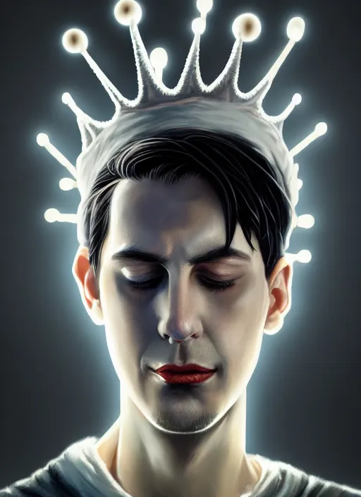 Image similar to portrait of zombie jughead jones wearing a light grey crown, photorealistic, zombie, crown, eyes closed, crown, black hair, intricate, elegant, glowing lights, highly detailed, digital painting, artstation, concept art, sharp focus, illustration, art by wlop, mars ravelo and greg rutkowski