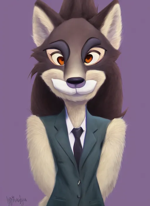 Image similar to oil painting of anthromorphic female wolf, in style of zootopia, female fursona, furry, furaffinity, 4 k, deviantart, furry art, fursona art, wearing black business suit, business suit, wolf fursona, female, very expressive detailed feminine face,