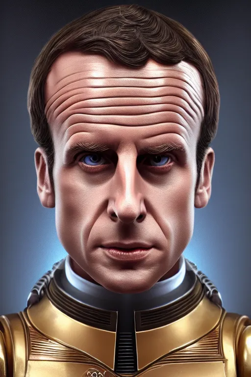 Prompt: emmanuel macron mixed with c 3 po, rpg reference, oil painting, trending on artstation, octane render, insanely detailed, 8 k, hd