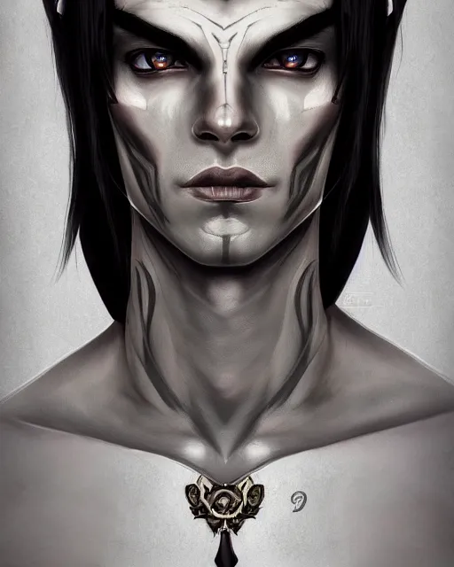Prompt: portrait of a feminine male dark elf, obsidian skin, white tatoo, long hair, fantasy, elegant, intricate, highly detailed, digital painting, artstation, concept art, sharp focus, illustration
