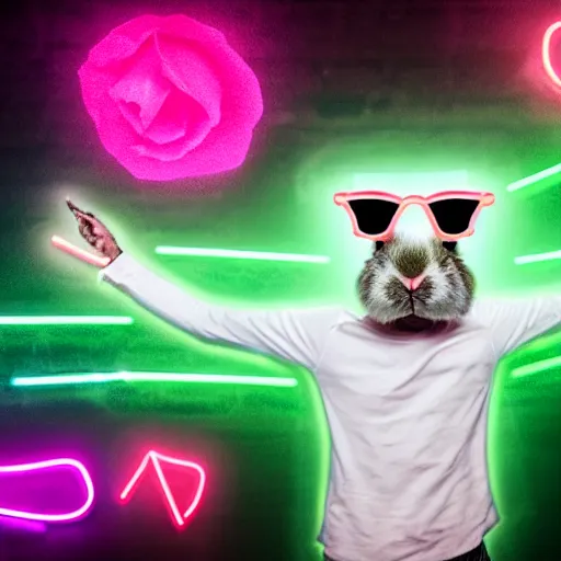 Prompt: A bunny rabbit wearing glasses and a rose gold Rolex watch, dancing at a rave dressed fashionably with glow sticks. Background is filled with neon lights and many people dancing around him. Ultra-realistic. 4K.