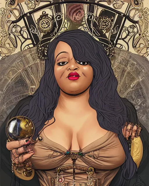 Image similar to a detailed portrait illustration of a steampunk sorceress - laywer. beautiful obese black female face. art nouveau, pop art, comic book style. influenced by neil gaiman, h. p. lovecraft, dan mumford, brian froud, kehinde wiley, killian eng, ross tran.