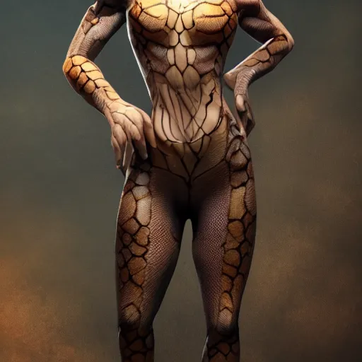 Image similar to snake human hybrid, chest up human lower half snake. full body shot, long slender body, snake tail for leg, black scales, bright amber eyes, chest covered in scales, scales on her chest, formless brests, flat chest, smileing nright, cinematographic shot, artstation, haahn trinh, naga