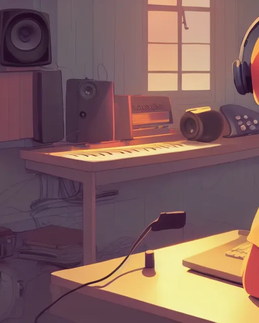 Image similar to man with headphones at his home studio producing music late at night, very detailed, 4 k, cory loftis, james gilleard, atey ghailan, makoto shinkai, goro fujita, studio ghibli, rim light, exquisite lighting, clear focus, very coherent