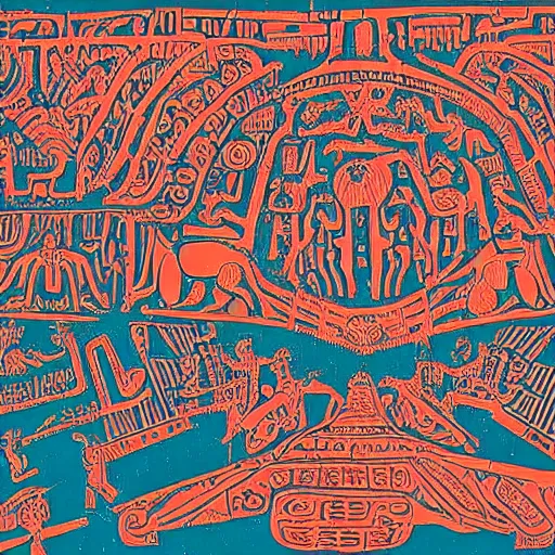 Image similar to a high detailed picture of a crowd worshiping an alien ship in mayan hieroglyphics style 4k