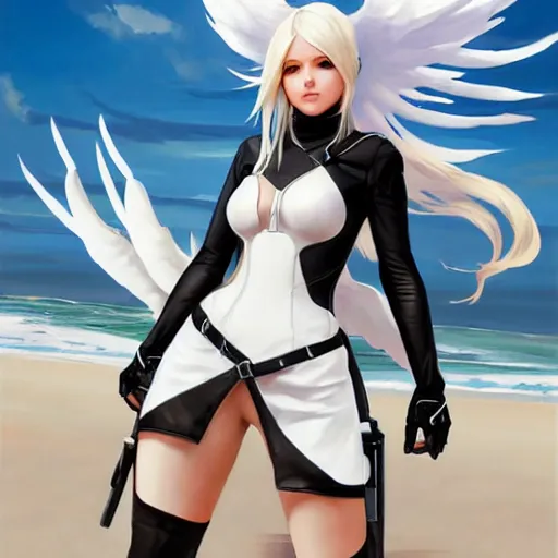 Image similar to greg manchess painting of a 2 yorha type a no. 2 as mercy from overwatch wearing skintight leather jacket in a beach, white long hair, large white wings, painting, trending on artstation, by huang guangjian and gil elvgren and sachin teng