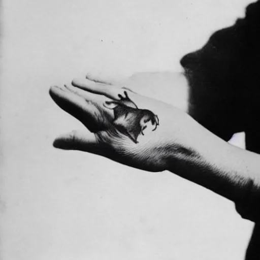 Image similar to a mid 1 9 0 0 s photograph of the back of a hand with a tattoo of a dog on it