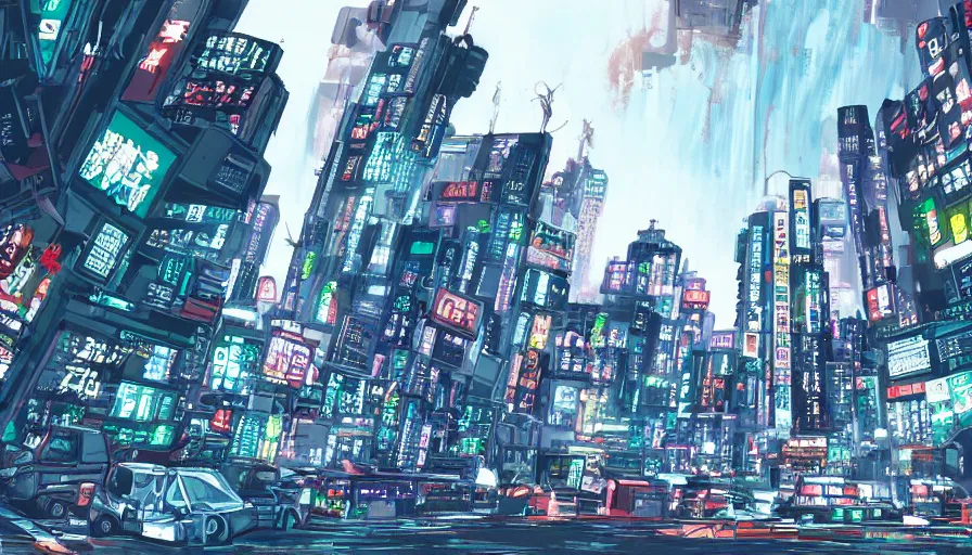 Image similar to Wide angle Concept Art of neo-Tokyo Maximum Security Mint Bank, in the Style of Akira, Anime, Dystopian, Cyberpunk, Crypto Valut, Helicopter Drones, 19XX